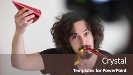  Presentation with whistle - Cool new slide deck with portrait of a man in party hat blowing in whistle isolated on a white background backdrop and a tawny brown colored foreground