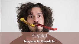  Presentation with whistle - Amazing PPT theme having portrait of a man in party hat blowing in whistle isolated on a white background backdrop and a violet colored foreground