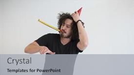  Presentation with whistle - Amazing PPT theme having portrait of a man in party hat blowing in whistle isolated on a white background backdrop and a light gray colored foreground