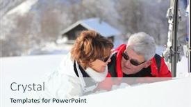  Presentation with older woman - PPT layouts enhanced with portrait of a man and a woman is looking older by lying smiling in the snow background and a sky blue colored foreground