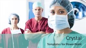  Presentation with operating room - PPT theme with portrait of a medical team background and a seafoam green colored foreground