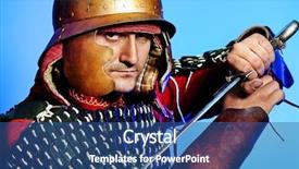  Presentation with armor - Presentation design featuring portrait of a medieval male knight in armor over blue background background and a ocean colored foreground