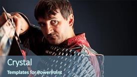  Presentation with armor - Colorful slides enhanced with portrait of a medieval male knight in armor over black background backdrop and a ocean colored foreground