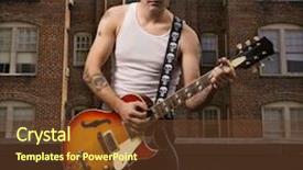  Presentation with punk - Cool new PPT layouts with portrait of a mid-adult caucasian male punk playing guitar with building in background backdrop and a tawny brown colored foreground