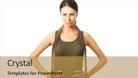  Presentation with military - Beautiful PPT theme featuring portrait of a military woman backdrop and a gold colored foreground