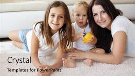  Presentation with mother baby - PPT theme enhanced with portrait of a mother with her baby and pre-teen children having fun on white carpet in living room at house background and a coral colored foreground