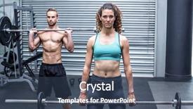  Presentation with weight lifting - Beautiful presentation design featuring portrait of a muscular couple lifting weight together backdrop and a ocean colored foreground