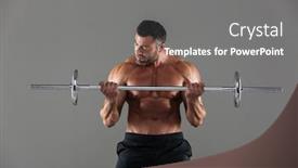  Presentation with barbell - Amazing PPT theme having portrait of a muscular motivated shirtless male bodybuilder doing exercises with a barbell isolated over gray background backdrop and a gray colored foreground