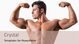  Presentation with flexing - Beautiful presentation featuring portrait of a muscular young man flexing muscles over white background backdrop and a coral colored foreground