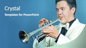  Presentation with trumpet - Amazing slides having portrait of a musician playing backdrop and a teal colored foreground