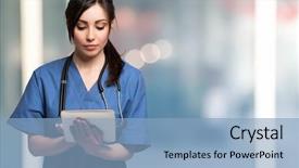  Presentation with using digital tablet - Slide set consisting of portrait of a nurse using background and a light blue colored foreground