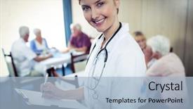  Presentation with retirement - PPT layouts having portrait of a nurse with clipboard in the retirement house background and a light blue colored foreground