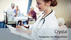 Presentation with retirement - Amazing slide set having portrait of a nurse with clipboard in the retirement house backdrop and a lemonade colored foreground