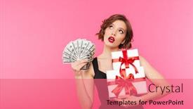  Presentation with pink black - Beautiful PPT layouts featuring portrait of a pensive girl dressed in black dress holding stack of gift boxes and bunch of money banknotes isolated over pink background backdrop and a coral colored foreground