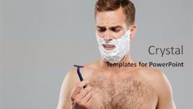  Presentation with shaving - Slides enhanced with portrait of a pensive man before shaving over gray background background and a coral colored foreground