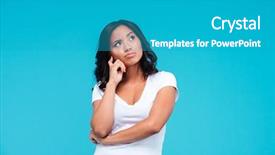  Presentation with pretty girl - Audience pleasing PPT layouts consisting of portrait of a pensive pretty asian girl thinking about something isolated on the blue background backdrop and a teal colored foreground