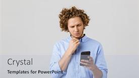  Presentation with man holding phone - Cool new presentation theme with portrait of a pensive young man with curly hair isolated over white background holding mobile phone backdrop and a light blue colored foreground