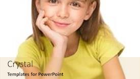  Presentation with supporting - PPT theme enhanced with portrait of a pensive little girl supporting her head with hand isolated over white background and a yellow colored foreground