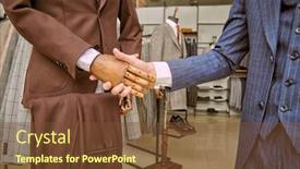  Presentation with shaking hands - Slide deck having portrait-of-a-person-standing background and a tawny brown colored foreground