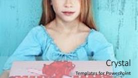  Presentation with vintage christmas - PPT theme enhanced with portrait of a pin up kid girl holding big christmas gift box on blue vintage wooden background background and a arctic colored foreground