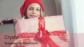  Presentation with vintage christmas - Amazing slide deck having portrait of a pin up kid girl holding big christmas gift box on blue vintage wooden background backdrop and a coral colored foreground