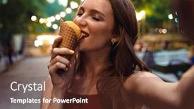  Presentation with green nature - PPT layouts featuring portrait of a positive smiling beautiful young ginger woman walking in nature green park outdoors take selfie by camera eat ice cream background and a tawny brown colored foreground