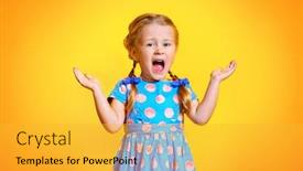  Presentation with kids fashion - Cool new presentation theme with portrait of a positive young pretty girl summer bright fashion for kids backdrop and a yellow colored foreground