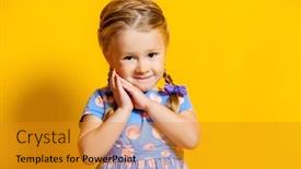  Presentation with kids fashion - PPT theme with portrait of a positive young pretty girl summer bright fashion for kids background and a gold colored foreground