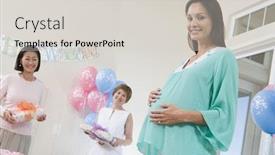  Presentation with baby shower - Slide deck enhanced with portrait of a pregnant woman with friends at a baby shower background and a light gray colored foreground