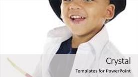  Presentation with paint brush - Presentation design consisting of portrait of a preschool artist delightedly holding a paint brush in his smock and french beret background and a white colored foreground