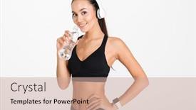  Presentation with water bottle - Beautiful PPT layouts featuring portrait of a pretty asian fitness woman in headphones holding water bottle and looking at camera isolated over white background backdrop and a coral colored foreground