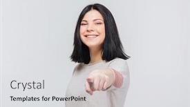  Presentation with forward - Cool new slide set with portrait of a pretty brunette girl pointing finger forward isolated on a white background backdrop and a light gray colored foreground