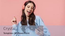  Presentation with pretty girl - Theme with portrait-of-a-pretty-cheerful background and a light blue colored foreground