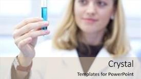  Presentation with biochemistry - Amazing PPT theme having portrait of a pretty female researcher carrying out experiments in a chemistry biochemistry research lab backdrop and a mint green colored foreground