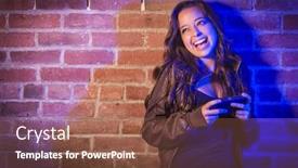  Presentation with space-race - Colorful PPT theme enhanced with portrait of a pretty mixed race young adult woman using her cell phone against a brick wall with plenty of copy space backdrop and a tawny brown colored foreground