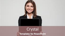  Presentation with laptop blank screen - PPT theme having portrait of a pretty smiling businesswoman in suit showing blank screen laptop computer while standing and looking at camera isolated over white background background and a violet colored foreground