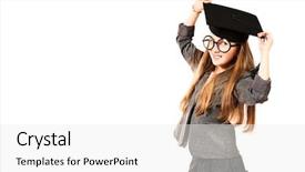  Presentation with academic - Slide set having portrait of a pretty ten years girl in big round spectacles and academic hat isolated over white background and a white colored foreground