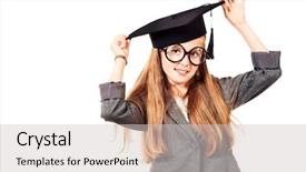  Presentation with academic - Audience pleasing presentation design consisting of portrait of a pretty ten years girl in big round spectacles and academic hat isolated over white backdrop and a light gray colored foreground