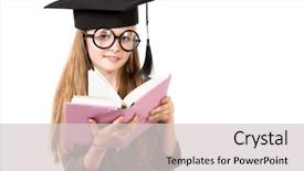  Presentation with academic - Colorful presentation theme enhanced with portrait of a pretty ten years girl in big round spectacles and academic hat reading a book isolated over white backdrop and a light gray colored foreground