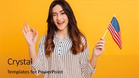  Presentation with pretty girl - Presentation theme featuring portrait of a pretty young background and a gold colored foreground