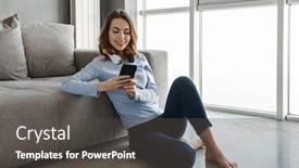  Presentation with mobile home - Beautiful slide deck featuring portrait of a pretty young woman using mobile phone while leaning on a couch at home backdrop and a dark gray colored foreground
