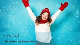  Presentation with kids fashion - Presentation theme enhanced with portrait of a pretty young girl wearing a hat a sweater a scarf and mittens winter fashion for kids beauty background and a cyan colored foreground