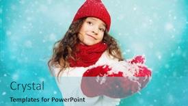  Presentation with kids fashion - Beautiful slides featuring portrait of a pretty young girl wearing a hat a sweater a scarf and mittens blowing on the snow in her palms winter fashion for kids beauty backdrop and a teal colored foreground