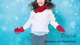  Presentation with kids fashion - Cool new PPT theme with portrait of a pretty young girl wearing a hat a sweater a scarf and mittens winter fashion for kids beauty backdrop and a teal colored foreground