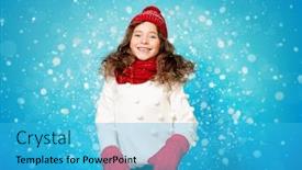  Presentation with kids fashion - Beautiful slides featuring portrait of a pretty young girl wearing a hat a sweater a scarf and mittens winter fashion for kids beauty backdrop and a cyan colored foreground