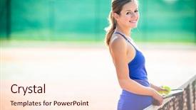  Presentation with court - Amazing slide set having portrait of a pretty young tennis player on a court on a lovely summer day backdrop and a cream colored foreground