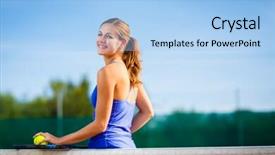  Presentation with court - Presentation design having portrait of a pretty young tennis player on a court on a lovely summer day background and a light blue colored foreground