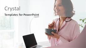  Presentation with laptop blank screen - PPT theme enhanced with portrait of a pretty young girl in pajamas having a breakfast at the kitchen with blank screen laptop computer on a table background and a cool aqua colored foreground
