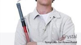  Presentation with paint roller - Presentation having portrait of a professional painter holding a paint roller on a stick isolated on white background and a light gray colored foreground
