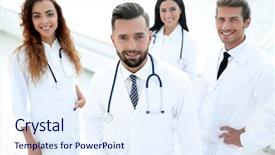 Presentation with multiracial team of young doctors stacking hands - PPT layouts featuring portrait of a professional team background and a sky blue colored foreground